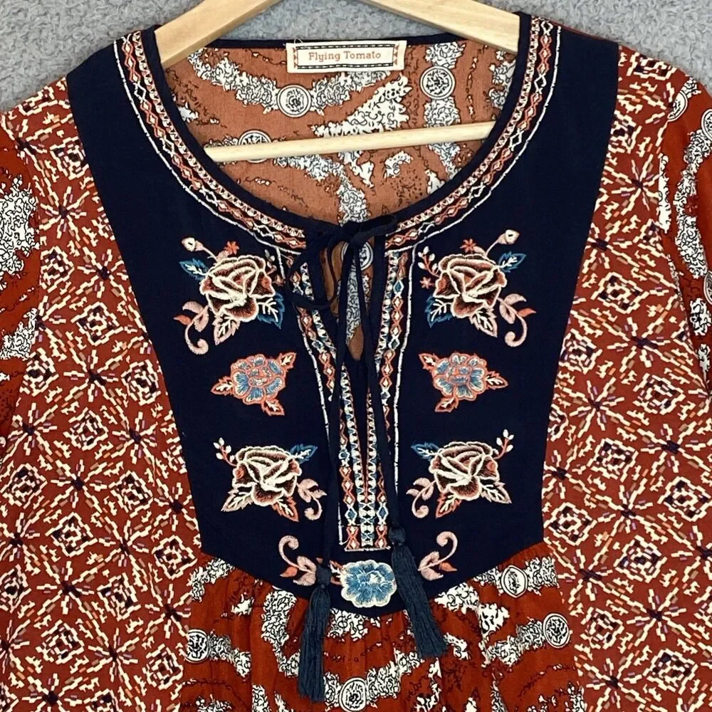 Flying Tomato Boho Patchwork Prairie Embroidered Tunic Top Mini Dress Size Large